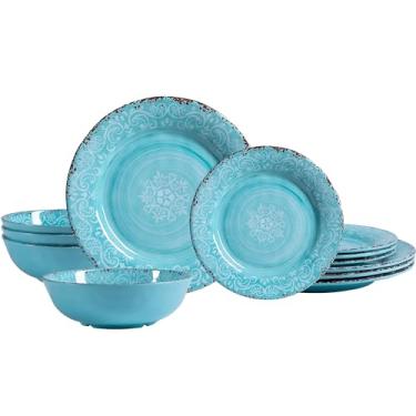 Imagem de ZAROCRUS Conjunto de louça de 12 peças, conjunto de pratos de melamina com pratos e tigelas, conjunto de jantar leve e inquebrável para entretenimento interno e externo, azul-petróleo