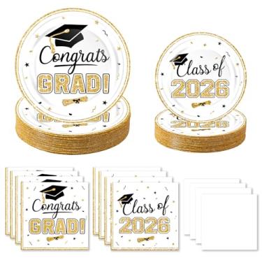 Imagem de Conjunto de decorações de festa de formatura 2025 - 200 peças de pratos e guardanapos de formatura em ouro branco classe de 2025 descartáveis para faculdade ensino médio parabéns suprimentos de festa