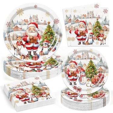 Imagem de Bzhouyy Conjunto de pratos e guardanapos de papel de Natal, 75 peças, suprimentos para festas de fim de ano, árvore de Natal, pratos de Papai Noel e boneco de neve para reuniões de família