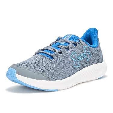 Imagem de Under Armour Tênis de corrida unissex com logotipo grande da School Charged Pursuit 3, (102) Titan Gray/Tech Blue/Horizon Blue, 5.5 Big Kid