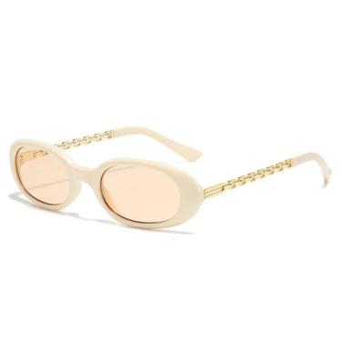 Imagem de HCHES Óculos de Sol Feminino Oval Pequeno com Estampa de Leopardo Retrô e Corrente, Proteção UV400 (Bege e Rosa)