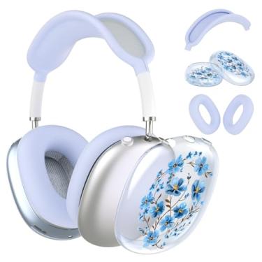 Imagem de Idocolors Capa de fone de ouvido para AirPods Max, capas femininas fofas e transparentes, capa de silicone azul para Apple AirPods Max (2024/2020), floral azul