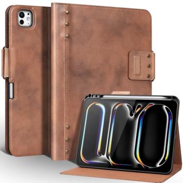 Imagem de Une Diffe Capa de couro para iPad Pro de 11 polegadas (M5/M4) 2025/2024 com suporte para lápis, fecho magnético, capa protetora inteligente, suporte ajustável, hibernar/despertar automático, couro