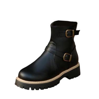 Imagem de Botas de cano curto femininas com zíper lateral bico redondo salto baixo casual inverno botas curtas, Preto, 36