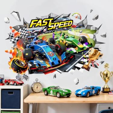 Imagem de Decalques de parede de carro de corrida 3D para fãs de corrida de meninos - Fórmula 1 rápida adesivos de parede para crianças pequenas, adolescentes, quarto, berçário, sala de jogos, sala de aula