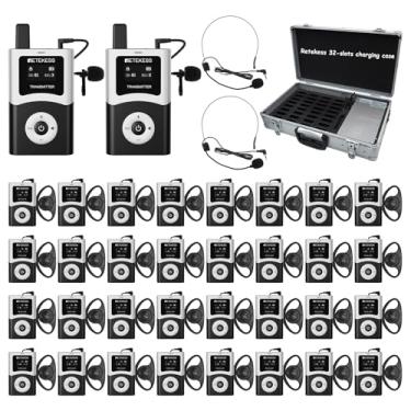 Imagem de Retekess Sistema de guia turístico sem fio T130U (4ª geração T130), fones de ouvido com guia de turismo bidirecional, 200 metros, 40h, banda U, estojo de carga de 32 compartimentos, sistema de audição
