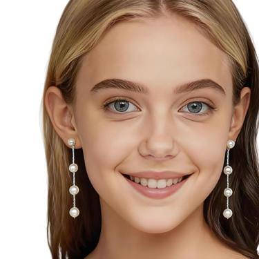 Imagem de Brincos de pérola para mulheres, brincos longos de prata delicados, brincos pendentes de ouro para casamento nupcial, acessórios de formatura de pérola branca como presente de aniversário, Natal