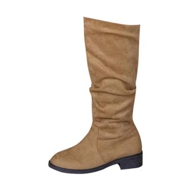 Imagem de Botas femininas de camurça, bico redondo, salto grosso, cano baixo, moda outono e inverno, comprimento médio, cano médio, Caqui, 38