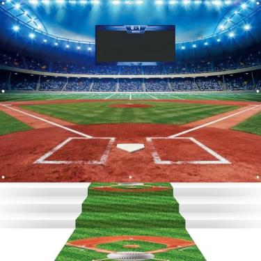 Imagem de Hahafelt Conjunto de 2 peças de decoração de festa de beisebol, 203 x 152 cm, cenário de campo de beisebol, 3 metros, tema esportivo, para festa de aniversário, tapete de bola, suporte de parede
