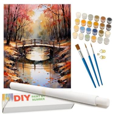 Imagem de Kit de pintura de ponte de outono por números para adultos - Pintura de paisagem DIY em tela enrolada 40 x 50 cm, conjunto de tinta acrílica, adequado para iniciantes, arte para decoração de casa ou