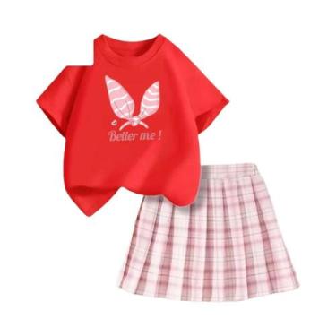 Imagem de Conjunto De Verão Para Meninas: Camiseta Rosa Com Laço E Saia Xadrez, 