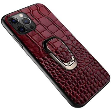 Imagem de KKFAUS Capa de telefone traseira do motorista com suporte magnético para dedo, para Apple iPhone 13 Pro Max (2021) Capa à prova de choque de couro padrão crocodilo de 6,7 polegadas (Cor: vermelho)