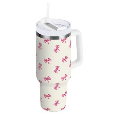 Imagem de SEHANY Copo fofo com laço rosa de 1,134 g com alça, copo isolado de aço inoxidável a vácuo de parede dupla, à prova de vazamento, caneca de café isolada para viagem cabe no suporte de copo de carro