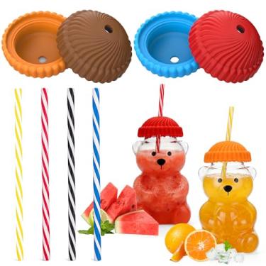 Imagem de Mity rain Canudo e tampa para copo de urso Starbucks, copo de urso de vidro, acessórios reutilizáveis, decorações fofas, tampas de silicone coloridas projetadas esteticamente (4 peças)
