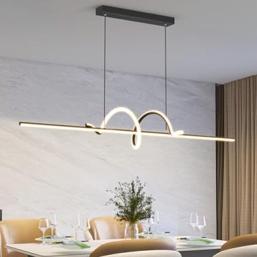 Imagem de Luminária pendente LED moderna para sala de jantar, com intensidade regulável, na cor preta, com controle remoto. Design linear, altura ajustável, estilo lustre, ideal para mesa de jantar ou