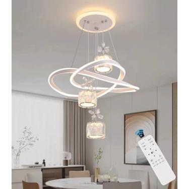 Imagem de Luminária pendente LED moderna com cristais, controle remoto, dimerizável, ideal para sala de jantar, quarto, cozinha e ilha (quadrada branca).
