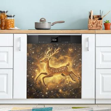 Imagem de xigua Merry Christmas Capa magnética de cervo para lava-louças, adesivos magnéticos decorativos antiarranhões para painel de geladeira e lava-louças, decoração personalizada de cozinha doméstica 58 x