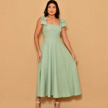 Imagem de Vestido midi luxo liso duna linho com laço na ombr - Helena, Verde men