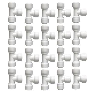 Imagem de Pacote com 20 encaixes em T de irrigação por gotejamento de 1/10.2 cm para tubos de irrigação de 1/4 polegada, encaixe sem vazamento para sistema de irrigação por gotejamento, durável e fácil de