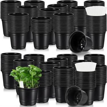Imagem de RimCereal Vaso de berçário de 8,5 cm para plantas de plástico preto com orifícios de drenagem, recipientes resistentes para iniciantes de sementes com 2400 etiquetas para suculentas, mudas e decoração