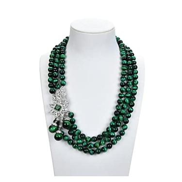 Imagem de DWBPGVUN Joias 55,88 cm 10 mm 14 mm 3 fileiras redondo verde olho de tigre conector colar