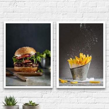 Imagem de Kit 2 Quadros Hambúrguer E Batata Frita 33X24Cm Vidro Branca