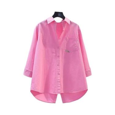 Imagem de Camisa Casual Elegante Feminina Solta Com Botão E Bolso Em Cor Sólida 