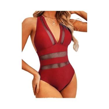 Imagem de Maiô Feminino Sexy De Malha Com Patchwork, Peça Única, Decote Em V Pro