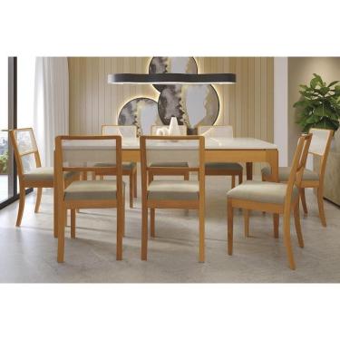 Imagem de Conjunto Mesa Mira Premium Madeira Maciça c/ Tampo Madeirado c/ Vidro 200x100cm e 8 Cadeiras Lola Carvalho/Off White - Boucle Bege Fendi Kappesberg