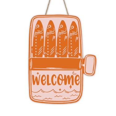 Imagem de Bolisom Placa vintage para porta da frente, peixe de sardinha, retrô, laranja, frutos do mar, praia, litoral, placa de madeira, restaurante, cozinha, sala de jantar, decoração de parede de guirlanda
