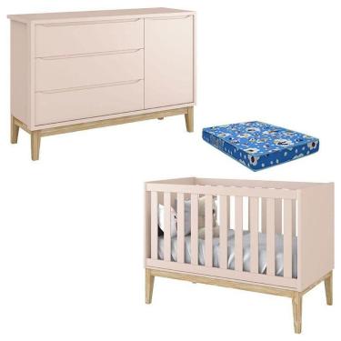 Imagem de Berço Americano Com Colchão E Cômoda Classic Rosa Pés Madeira Natural ? Reller