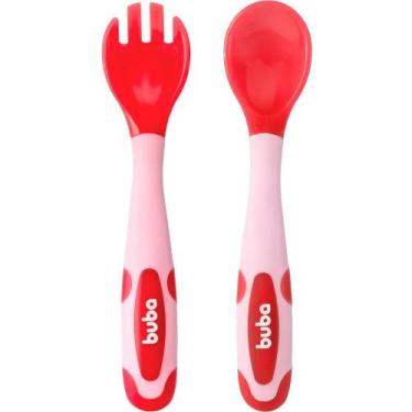 Imagem de Kit talher flexível e termossensível colher garfo bebê buba - rosa
