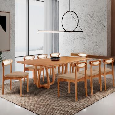 Imagem de Sala De Jantar Mesa Flora Tampo Laminado Barril 8 Cadeiras Linho Palha/imbuia Nat/cinam. Imbuia