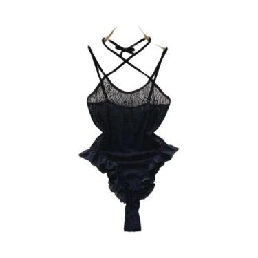 Imagem de Macacão Feminino Transparente Com Renda, Babados E Alças Cruzadas, Est