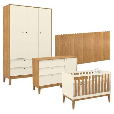 Imagem de Quarto De Bebê Unique 3 Portas Com Cômoda Sapateira E Painel Farm Off White Freijó Eco Wood - Matic