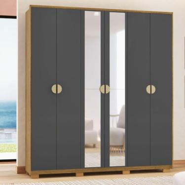 Imagem de Kit Guarda Roupa Casal e Cômoda Bali Nature Alasca 6 Portas Giratórias 4 Gavetas em MDF...