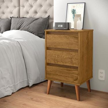 Imagem de Mesa de Cabeceira Wood Feijó 3 Gavetas em MDF e Madeira Maciça Moderno Marrom