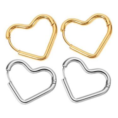 Imagem de Kit 2 Pares Brincos Prata E Dourado Argola De Coração Aço Inox - Nevat