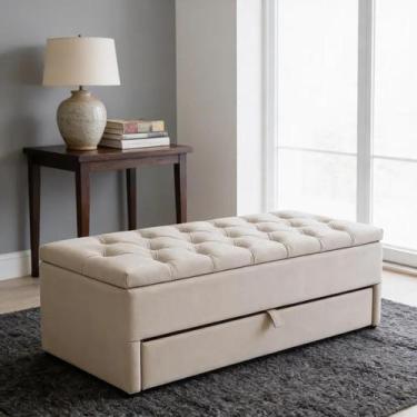 Imagem de Puf Baú Sapateiro com Gaveta King 195x50x45cm Cor Bege Claro Produto D