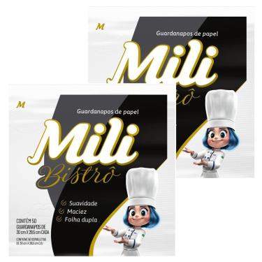 Imagem de Guardanapo Mili Bistrô Folha Dupla 30x29,5CM Macio e Resistente Kit 2 Pacotes com 50 Unidades Mili
