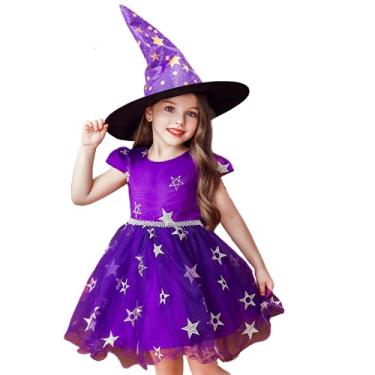 Imagem de 2 peças de fantasia de Halloween menina vestido de bruxa chapéu de bruxa estrela tutu, cosplay, carnaval, saia para festa e truques (roxo, 130,5 anos, 6 anos)