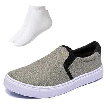 Imagem de Kit Tênis Masculino Slip Preto De Lona Sapatênis Sem Cadarço Extra Leve + Meia Cano Curto