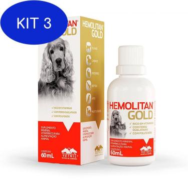 Imagem de Kit 3 Suplemento Vitamínico Hemolitan Gold 60Ml - Vetnil