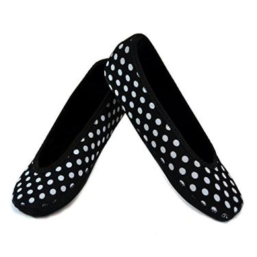 Imagem de NuFoot Sapatilhas de balé, sapatos femininos dobráveis e flexíveis, sapatilhas, chinelos de viagem e sapatos de exercícios, sapatos de dança, sapatos de ioga, sapatos para casa, chinelos para ambientes internos, preto com bolinhas brancas pequenas