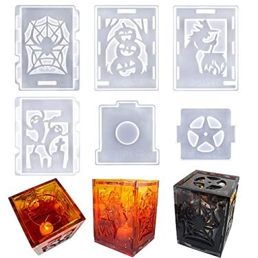Imagem de Resin GO Molde de resina de lanterna de Halloween, 6 peças de moldes de resina de silicone, incluindo cabeça de abóbora, bruxa, aranha, forma de fantasma, moldes de base para resina epóxi com sulcos de velas, artesanato DIY, decoração de mesa de casa