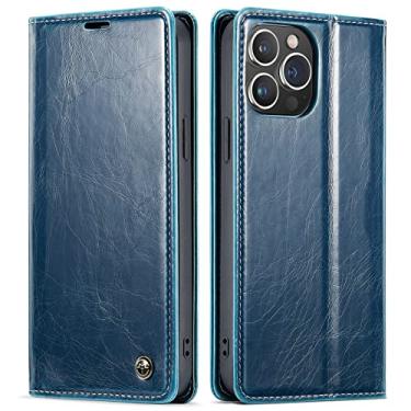Imagem de DENSUL Capa de couro para iPhone 14/14 Pro/14 Plus/14 Pro Max, textura avançada de cavalo louco, capa de carteira magnética com suporte para cartão flip à prova de choque, azul, 14 Plus 6,7 polegadas