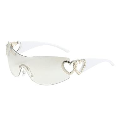 Imagem de Óculos de sol de coração sem aro feminino Óculos de sol esportivo punk para senhora Moda Sem armação Óculos de amor tons UV400, C6 Prata Branco, Tamanho único