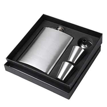 Imagem de Conjunto de presente de frasco de 236 ml, garrafa para bebidas alcoólicas, garrafa à prova de vazamento, aço inoxidável com 2 copos e funil caixa de presente para presente de festa de fim de ano