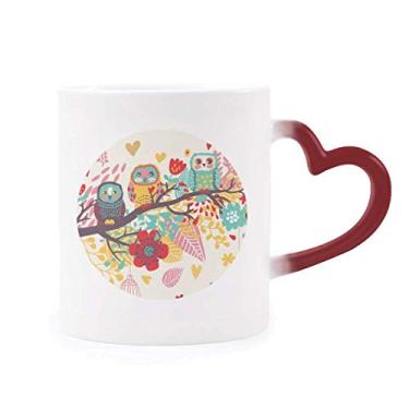 Imagem de Ilustração de animais, galhos, flores, corujas, caneca sensível ao calor, caneca de grés que muda de cor vermelha