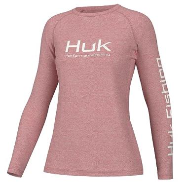 Imagem de HUK Camiseta feminina padrão Pursuit de manga redonda, camiseta de desempenho, Cayenne Heather